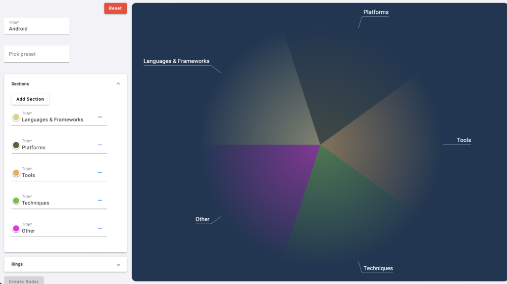 Секции техрадара - настройки
